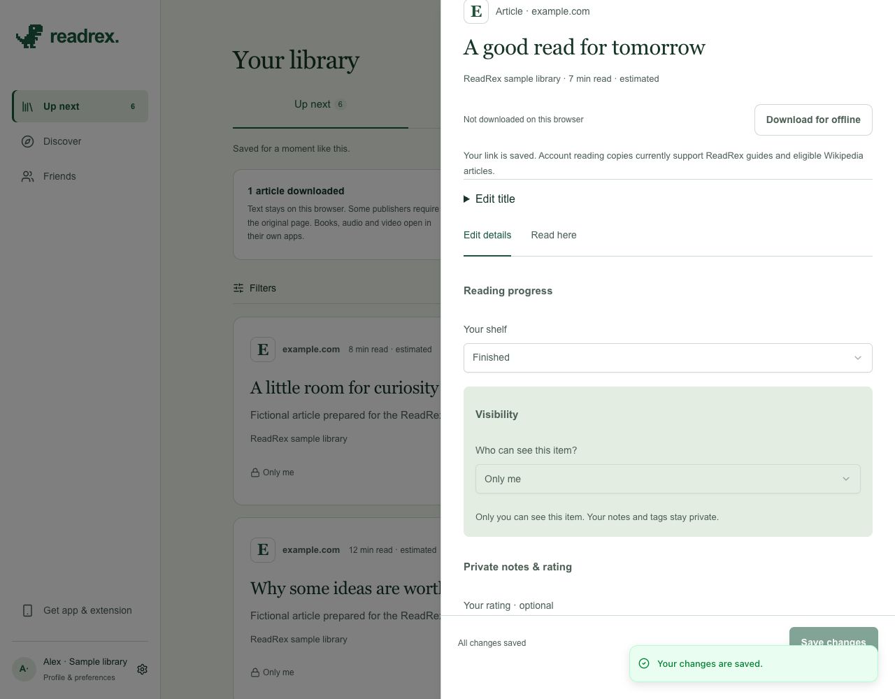 ReadRex web app with sample content: Actual ReadRex progress, visibility, and recommendation controls. Fictional sample content; no competitor interface is represented.