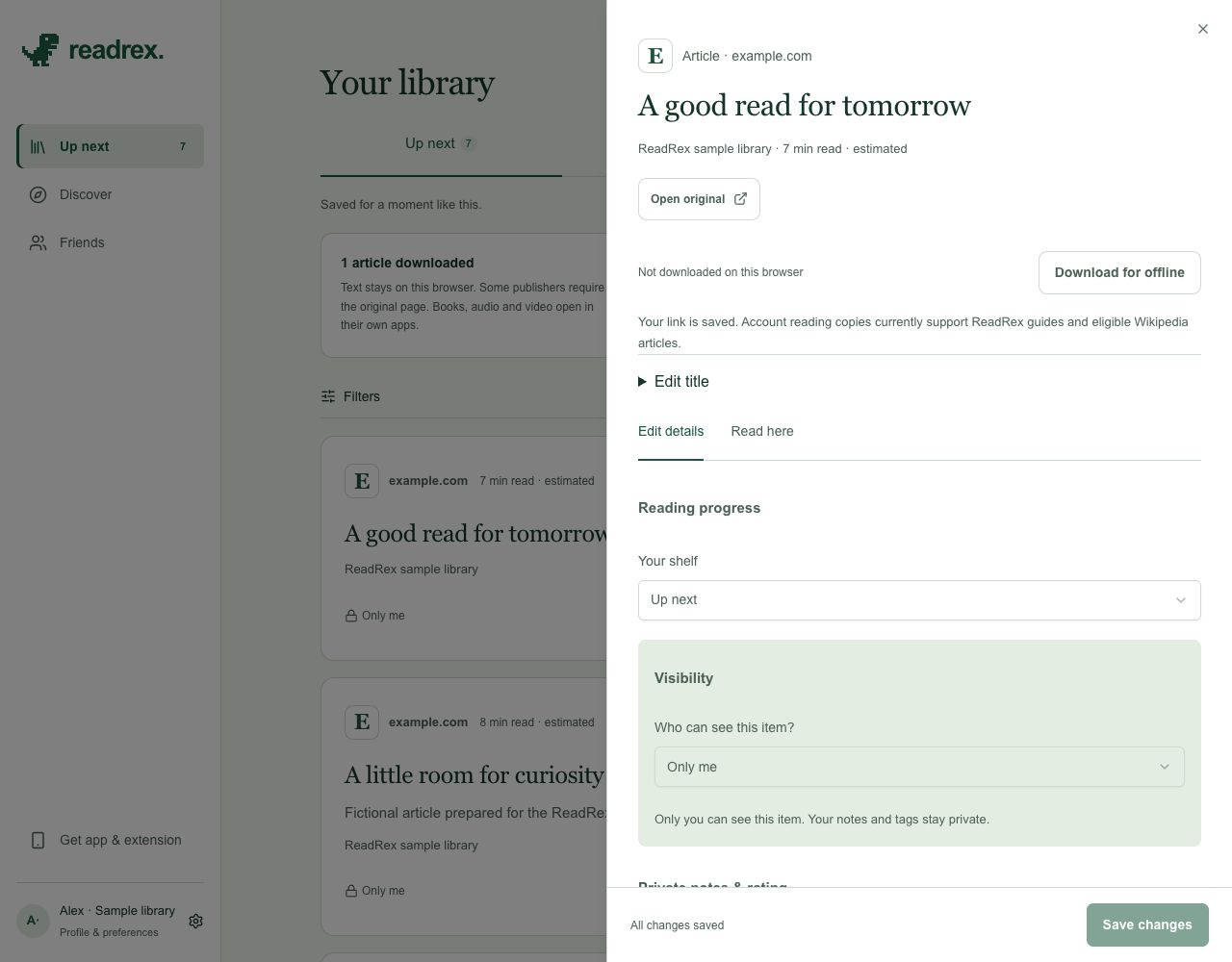 ReadRex web app with sample content: Actual saved-link details and source controls, using a fictional article. A saved link and an available reading copy are separate states.