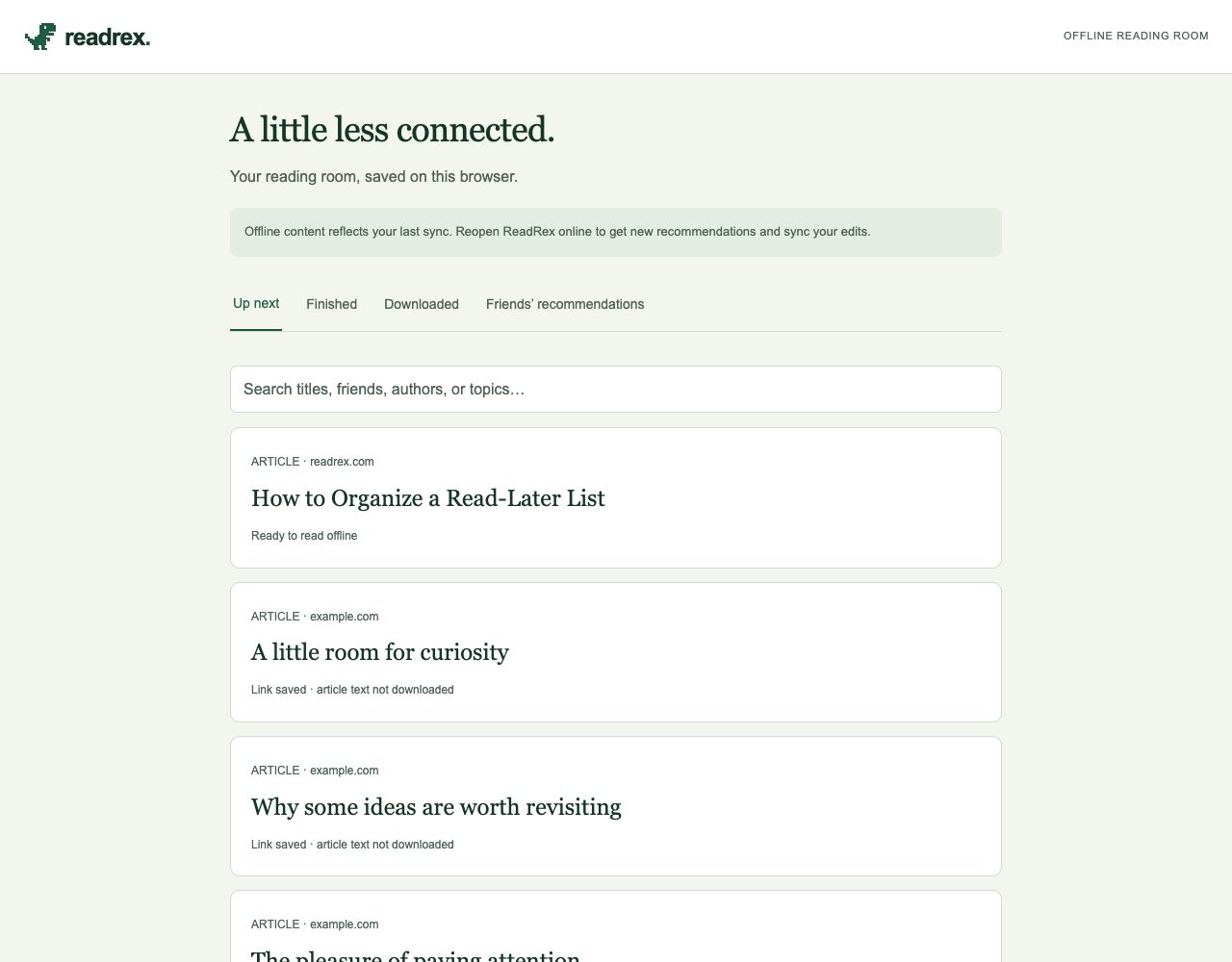 ReadRex web app with sample content: Actual download and offline-reader screens in a sample library. The demonstrated article is a ReadRex-authored guide, downloaded through ReadRex and reopened from browser storage.