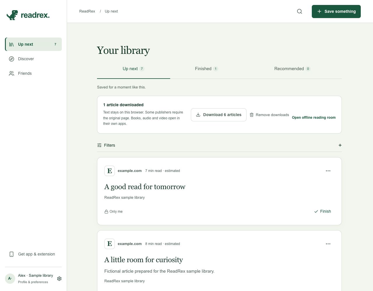 ReadRex web app with sample content: Actual ReadRex web UI with fictional sample articles: save privately, find it in Up next, and move it to Finished.