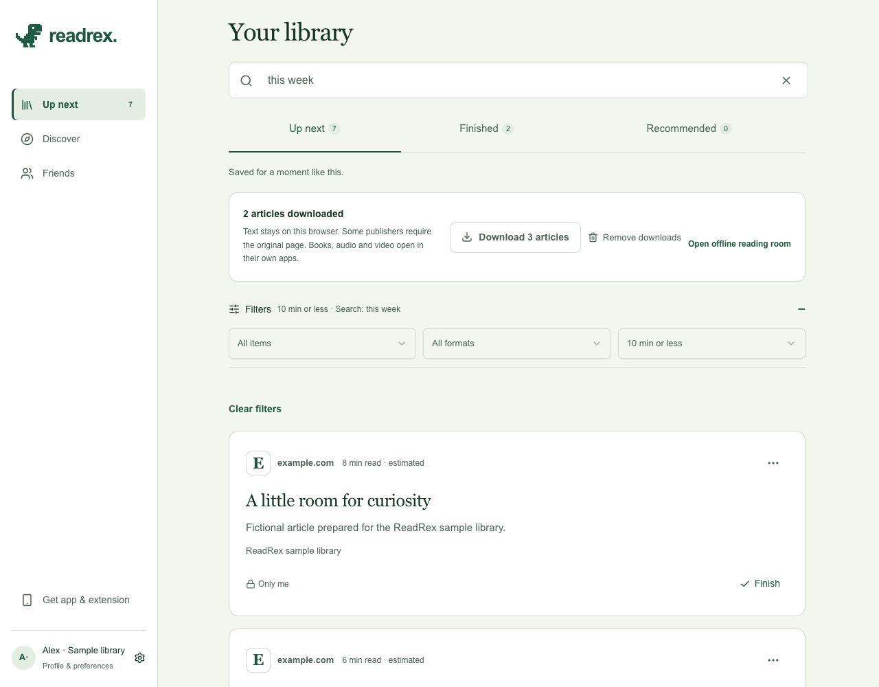 ReadRex web app with sample content: Actual private tags, search, and the 10 min or less filter, populated with fictional articles and sample reading times.